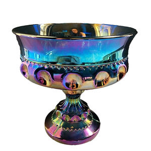 Vintage Indiana Glass Blue Carnival Thumbprint Pedestal Compote